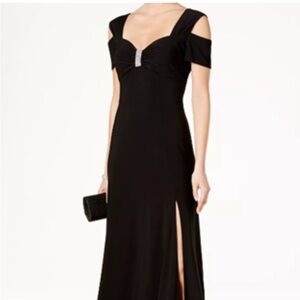 R&M Richards Long Black Cold-Shoulder Rhinestone Dress w/ Leg Slit, Size 18 18W